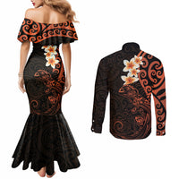 New Zealand Tuatara Plumeria Couples Matching Mermaid Dress and Long Sleeve Button Shirt Maori Orange Koru Tribal Tattoo LT01 - Polynesian Pride