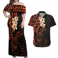 New Zealand Tuatara Plumeria Couples Matching Off Shoulder Maxi Dress and Hawaiian Shirt Maori Orange Koru Tribal Tattoo LT01 Orange - Polynesian Pride