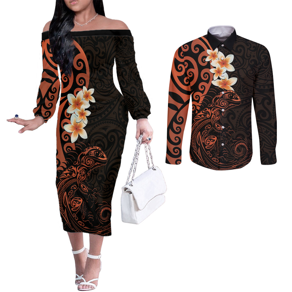 New Zealand Tuatara Plumeria Couples Matching Off The Shoulder Long Sleeve Dress and Long Sleeve Button Shirt Maori Orange Koru Tribal Tattoo LT01 Orange - Polynesian Pride