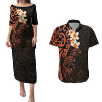 New Zealand Tuatara Plumeria Couples Matching Puletasi and Hawaiian Shirt Maori Orange Koru Tribal Tattoo LT01 Orange - Polynesian Pride