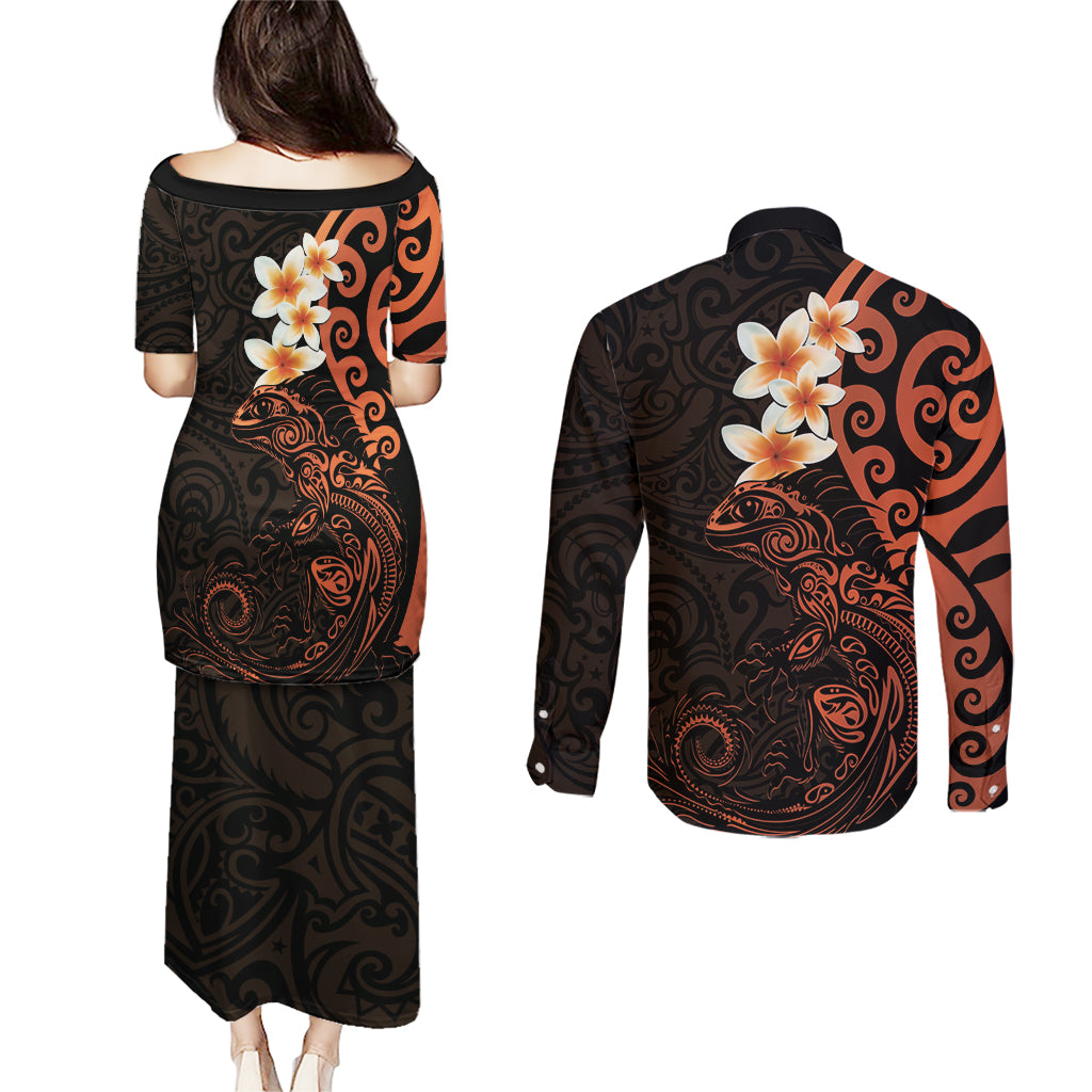 New Zealand Tuatara Plumeria Couples Matching Puletasi and Long Sleeve Button Shirt Maori Orange Koru Tribal Tattoo LT01 - Polynesian Pride