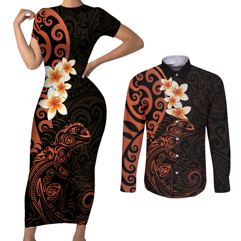 New Zealand Tuatara Plumeria Couples Matching Short Sleeve Bodycon Dress and Long Sleeve Button Shirt Maori Orange Koru Tribal Tattoo LT01 Orange - Polynesian Pride
