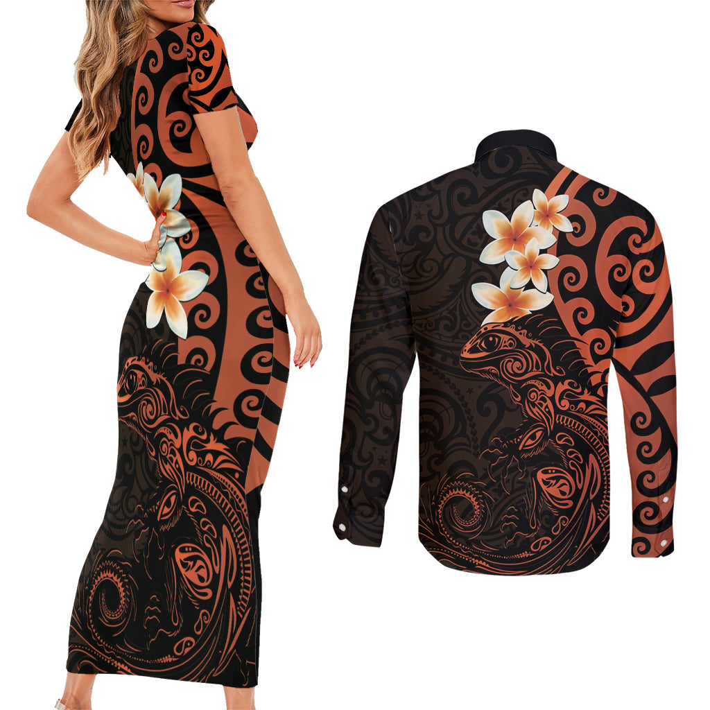 New Zealand Tuatara Plumeria Couples Matching Short Sleeve Bodycon Dress and Long Sleeve Button Shirt Maori Orange Koru Tribal Tattoo LT01 - Polynesian Pride