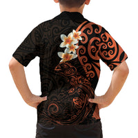 New Zealand Tuatara Plumeria Family Matching Long Sleeve Bodycon Dress and Hawaiian Shirt Maori Orange Koru Tribal Tattoo