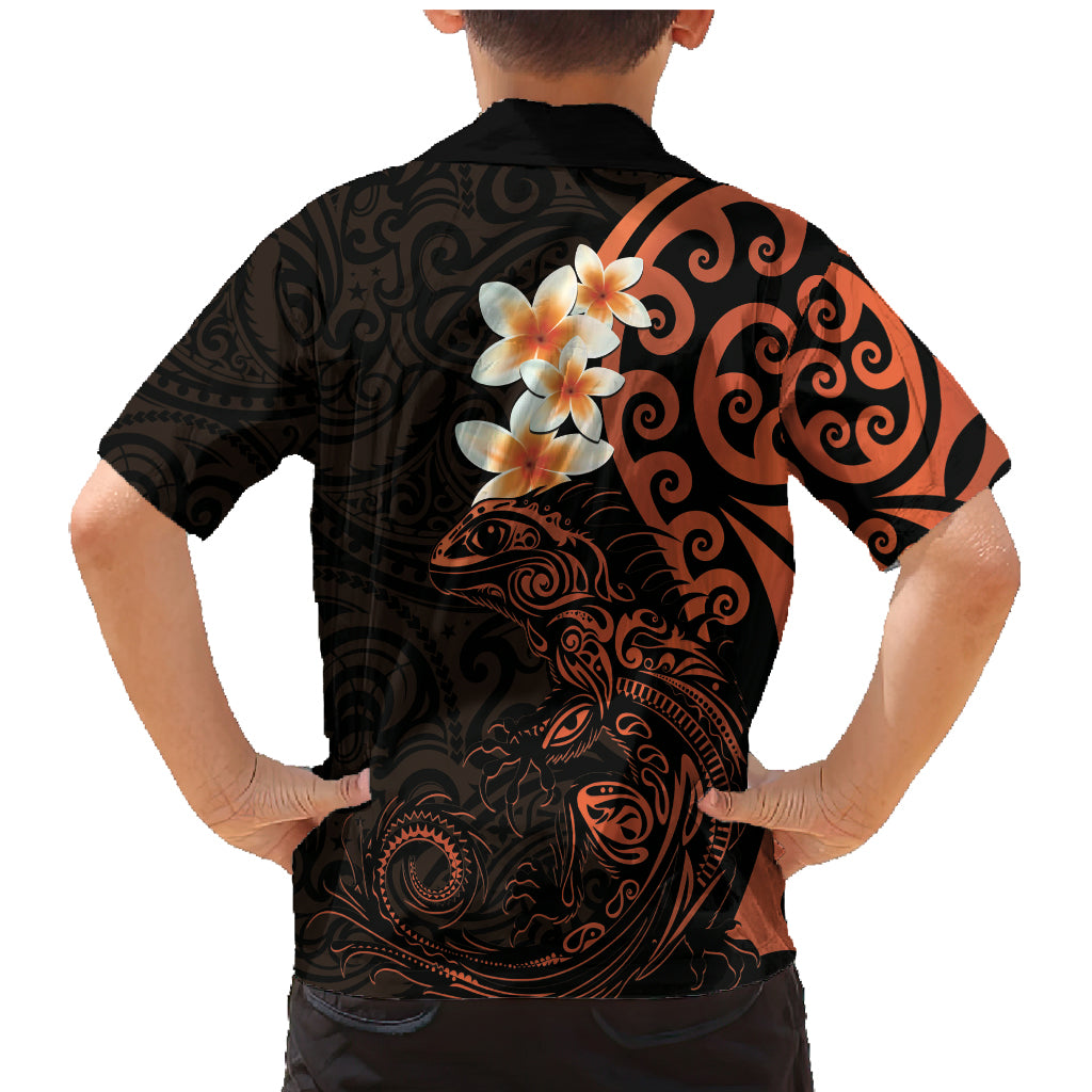 New Zealand Tuatara Plumeria Family Matching Mermaid Dress and Hawaiian Shirt Maori Orange Koru Tribal Tattoo LT01 - Polynesian Pride