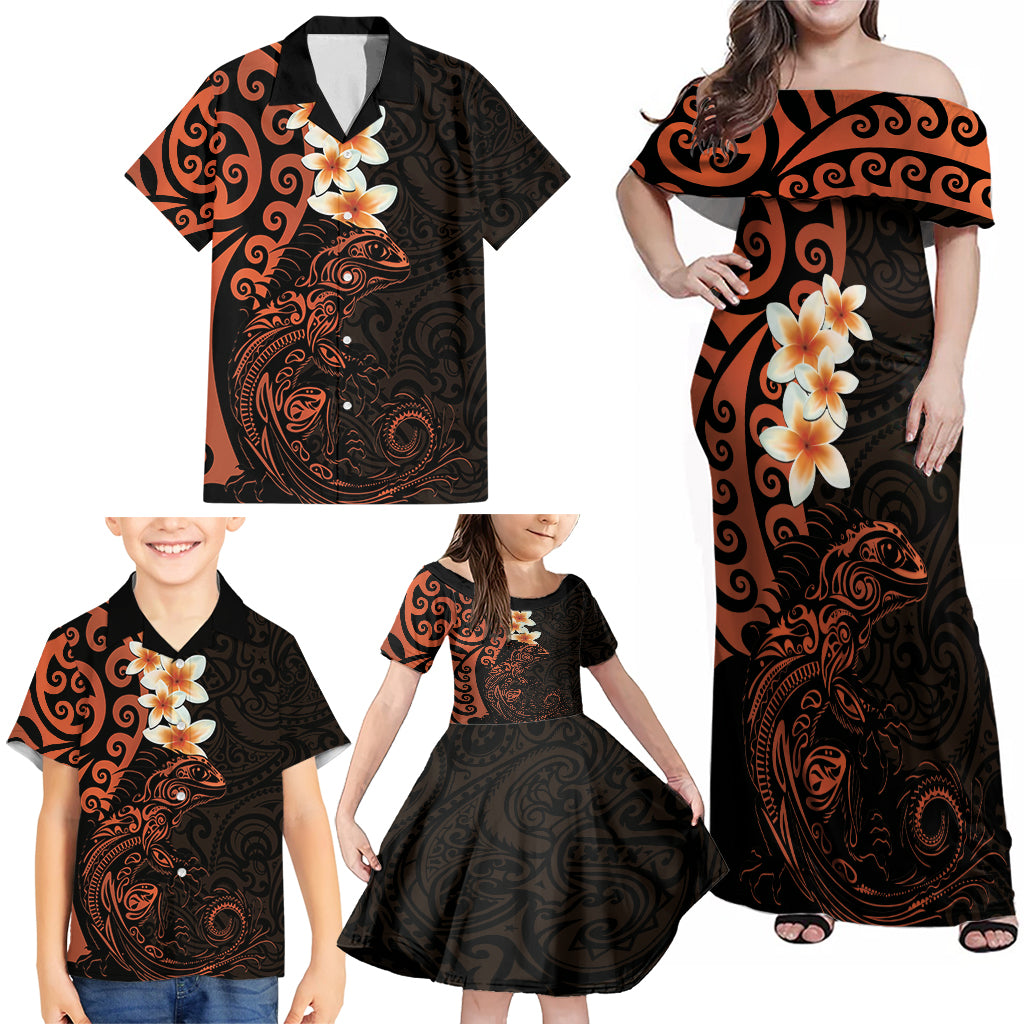 New Zealand Tuatara Plumeria Family Matching Off Shoulder Maxi Dress and Hawaiian Shirt Maori Orange Koru Tribal Tattoo LT01 - Polynesian Pride