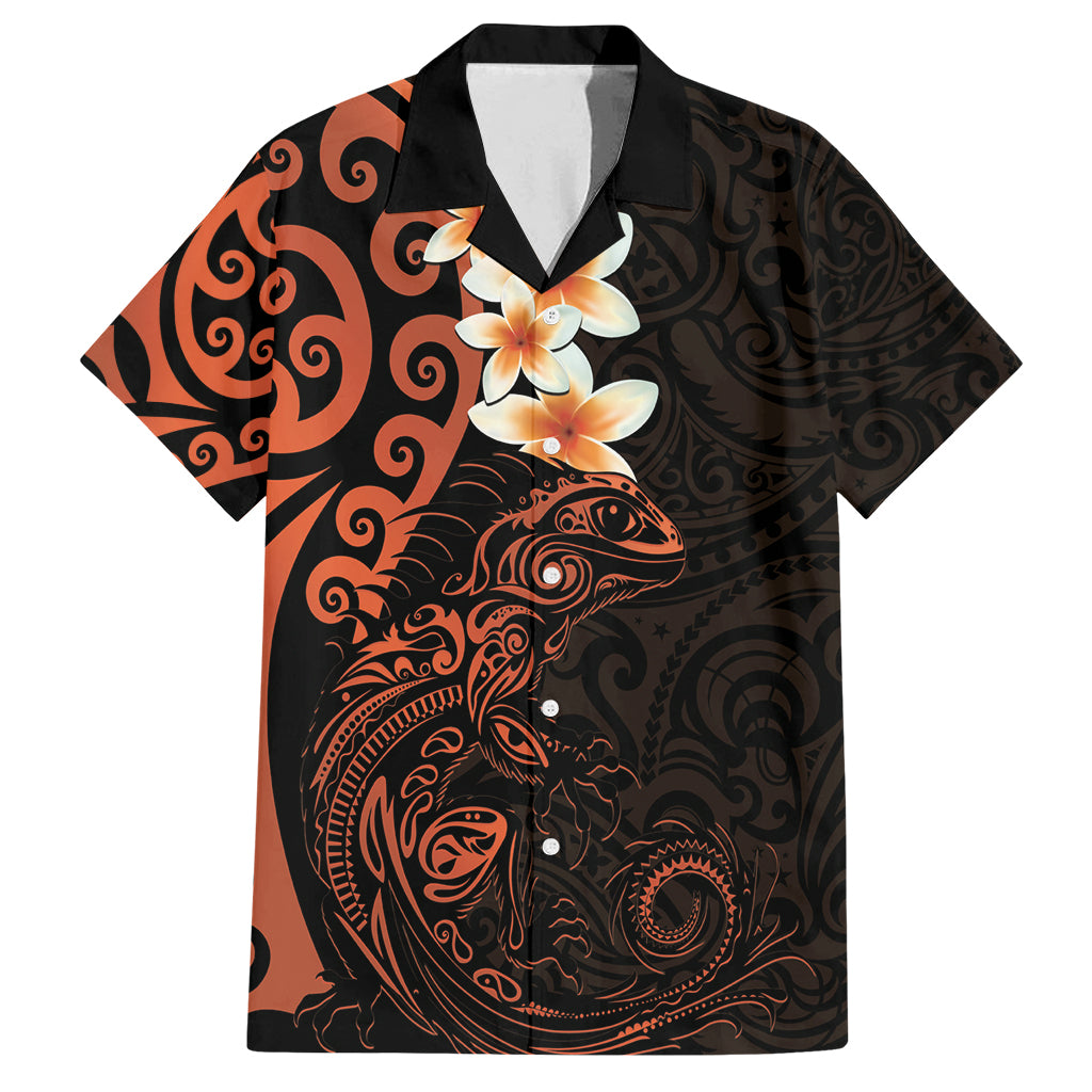 New Zealand Tuatara Plumeria Family Matching Off Shoulder Maxi Dress and Hawaiian Shirt Maori Orange Koru Tribal Tattoo LT01 Dad's Shirt - Short Sleeve Orange - Polynesian Pride