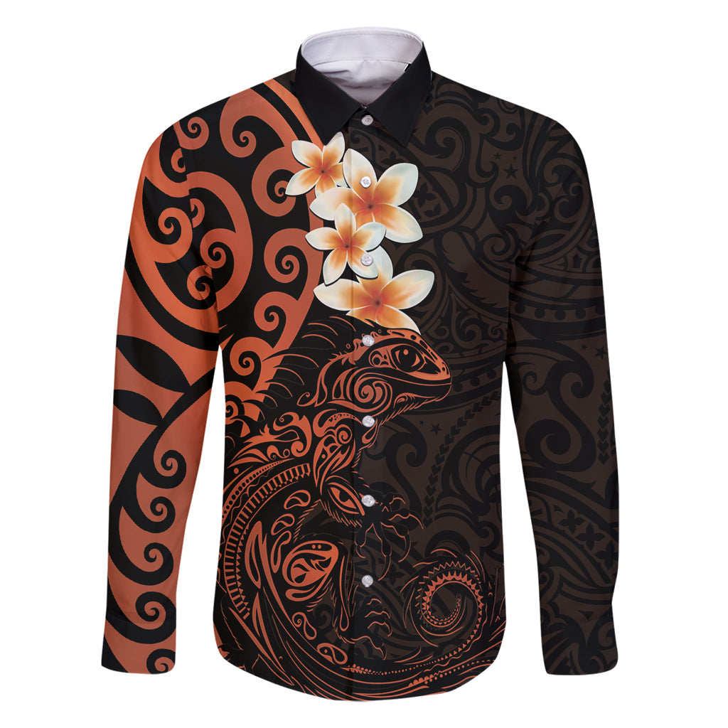 New Zealand Tuatara Plumeria Family Matching Off Shoulder Maxi Dress and Hawaiian Shirt Maori Orange Koru Tribal Tattoo LT01 Dad's Shirt - Long Sleeve Orange - Polynesian Pride
