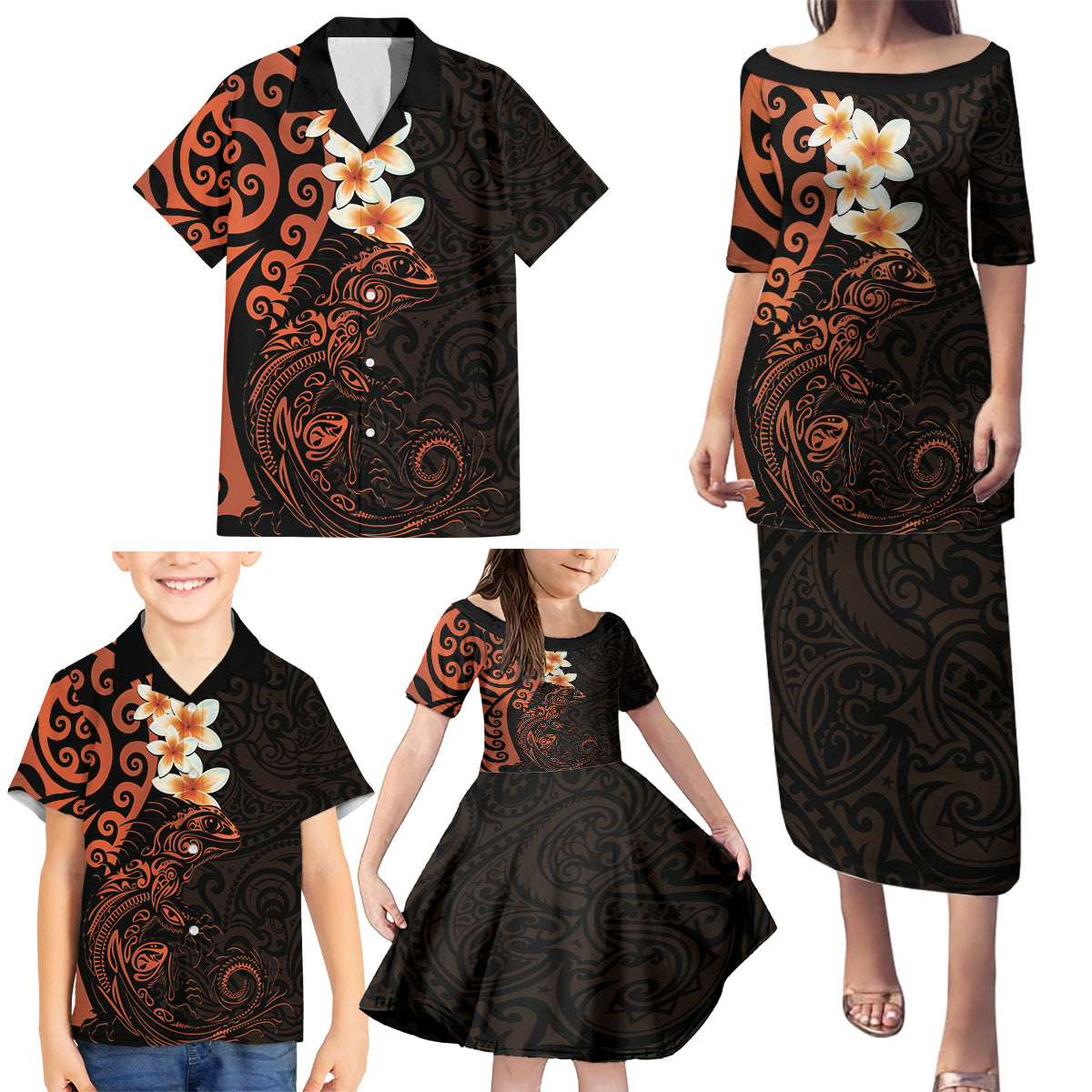 New Zealand Tuatara Plumeria Family Matching Puletasi and Hawaiian Shirt Maori Orange Koru Tribal Tattoo LT01 - Polynesian Pride