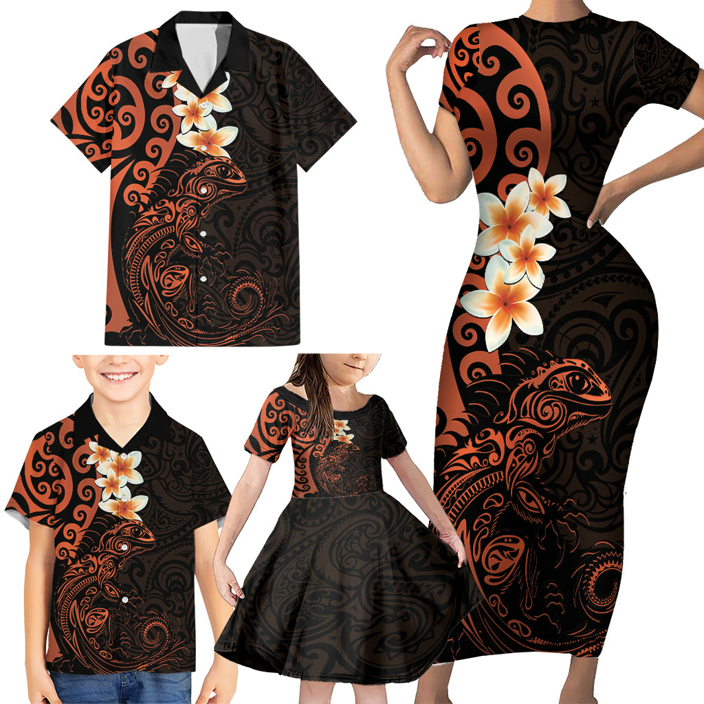 New Zealand Tuatara Plumeria Family Matching Short Sleeve Bodycon Dress and Hawaiian Shirt Maori Orange Koru Tribal Tattoo LT01 - Polynesian Pride