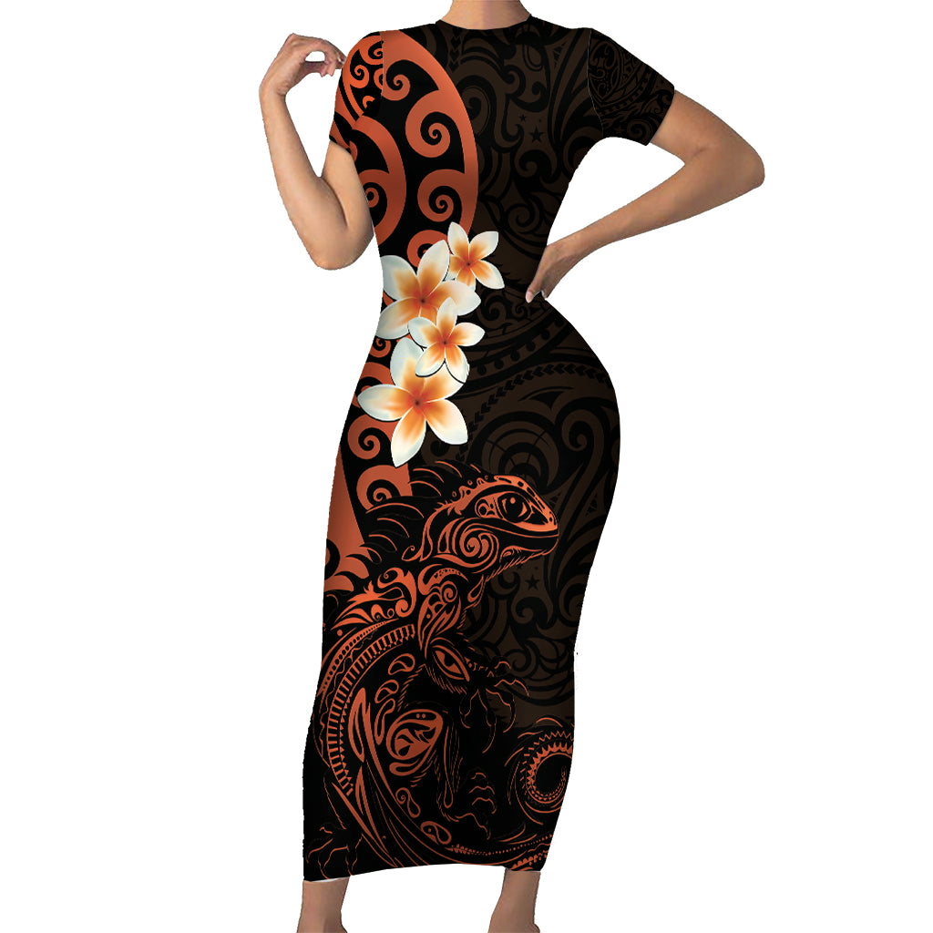 New Zealand Tuatara Plumeria Family Matching Short Sleeve Bodycon Dress and Hawaiian Shirt Maori Orange Koru Tribal Tattoo LT01 Mom's Dress Orange - Polynesian Pride