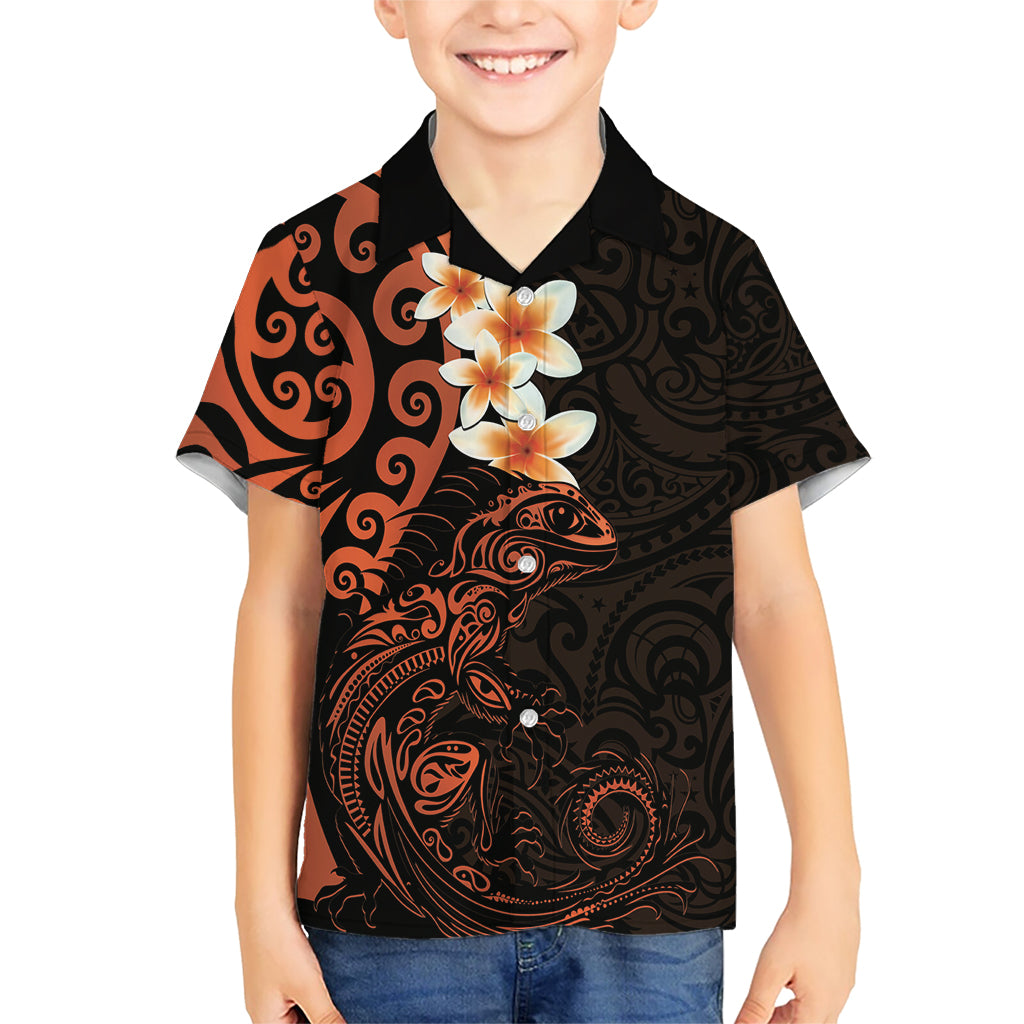 New Zealand Tuatara Plumeria Family Matching Short Sleeve Bodycon Dress and Hawaiian Shirt Maori Orange Koru Tribal Tattoo LT01 Son's Shirt Orange - Polynesian Pride