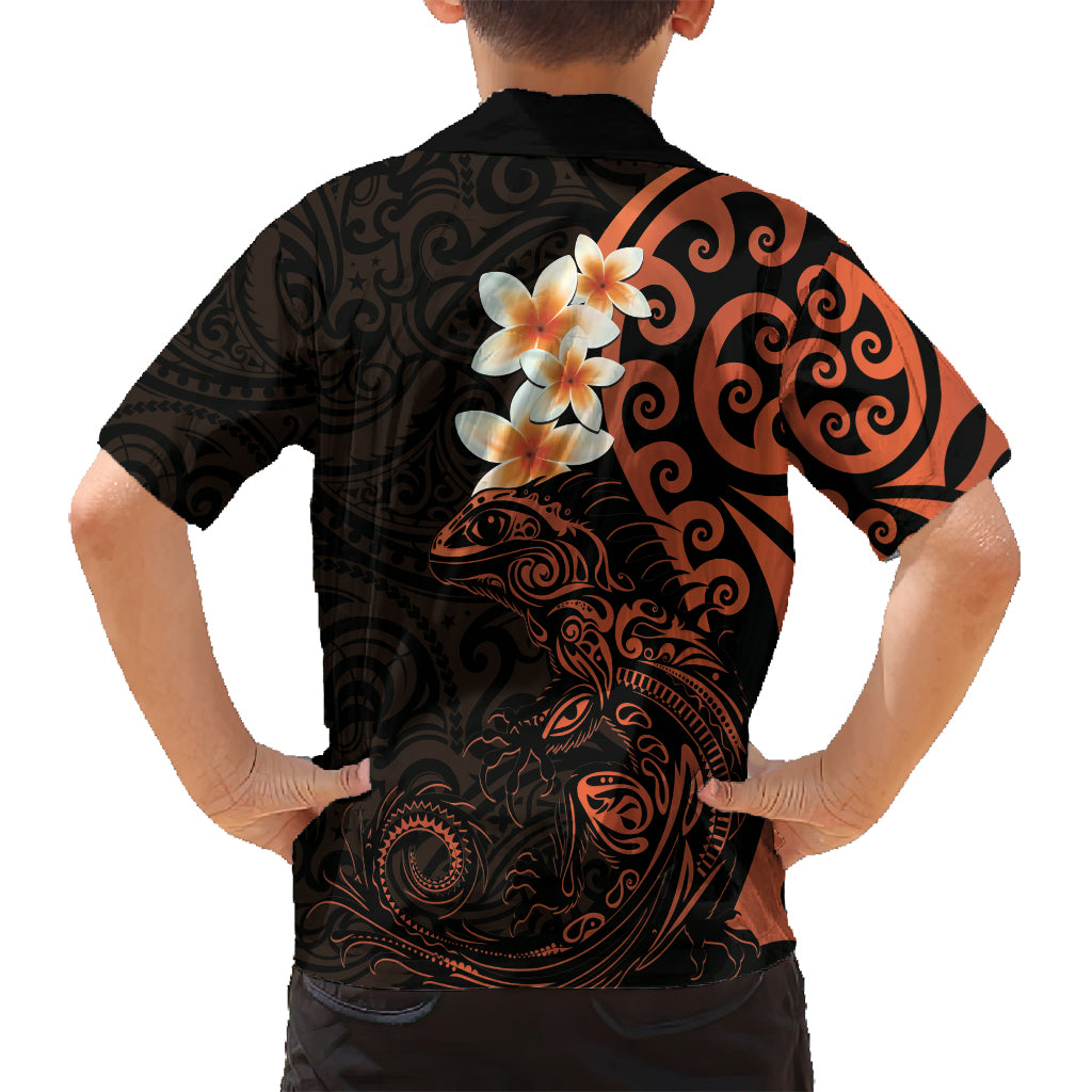New Zealand Tuatara Plumeria Family Matching Summer Maxi Dress and Hawaiian Shirt Maori Orange Koru Tribal Tattoo LT01 - Polynesian Pride