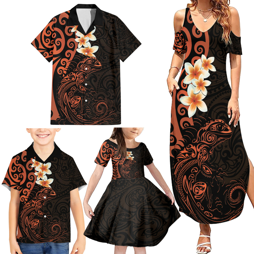New Zealand Tuatara Plumeria Family Matching Summer Maxi Dress and Hawaiian Shirt Maori Orange Koru Tribal Tattoo LT01 - Polynesian Pride