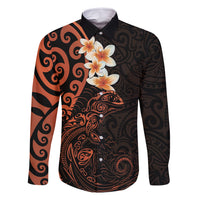 New Zealand Tuatara Plumeria Family Matching Summer Maxi Dress and Hawaiian Shirt Maori Orange Koru Tribal Tattoo LT01 Dad's Shirt - Long Sleeve Orange - Polynesian Pride