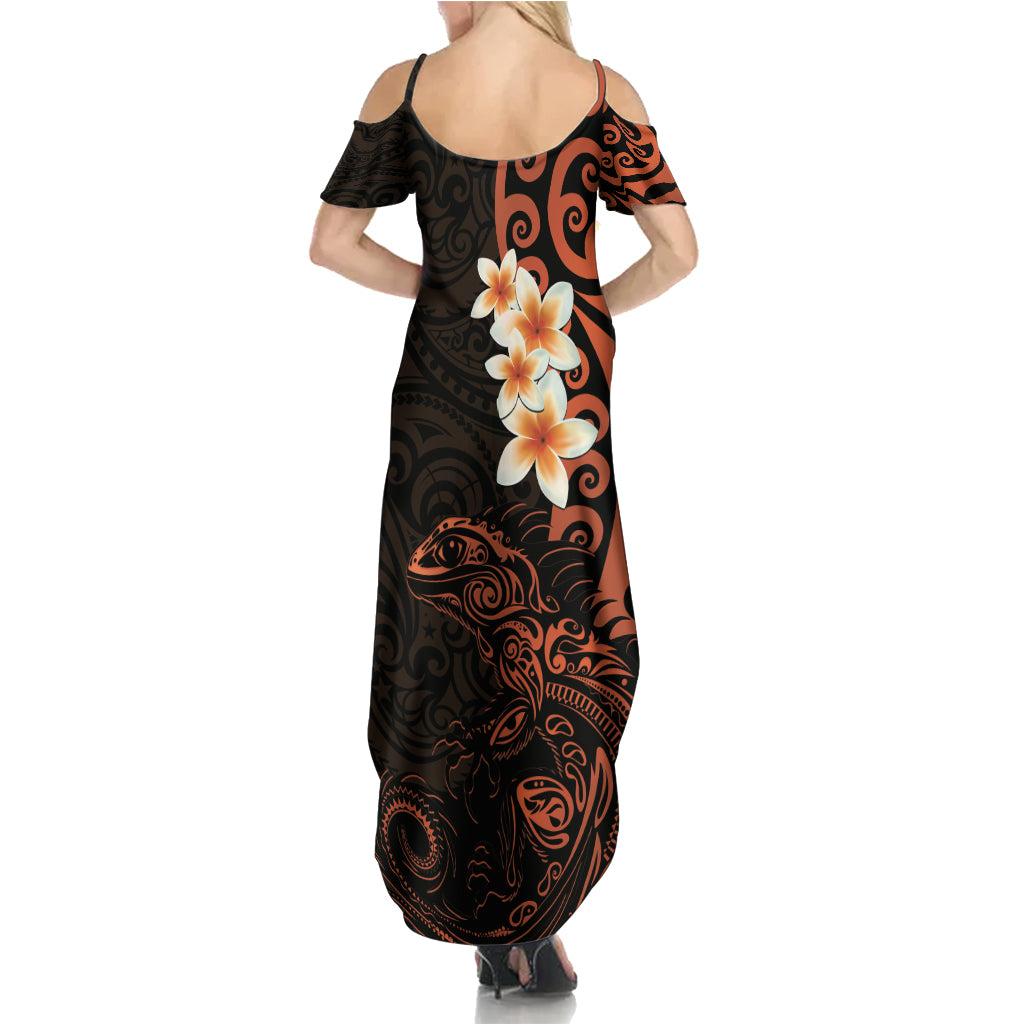New Zealand Tuatara Plumeria Family Matching Summer Maxi Dress and Hawaiian Shirt Maori Orange Koru Tribal Tattoo LT01 - Polynesian Pride