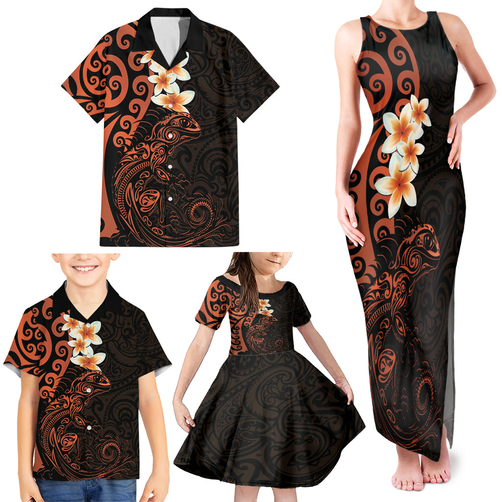 New Zealand Tuatara Plumeria Family Matching Tank Maxi Dress and Hawaiian Shirt Maori Orange Koru Tribal Tattoo LT01 - Polynesian Pride