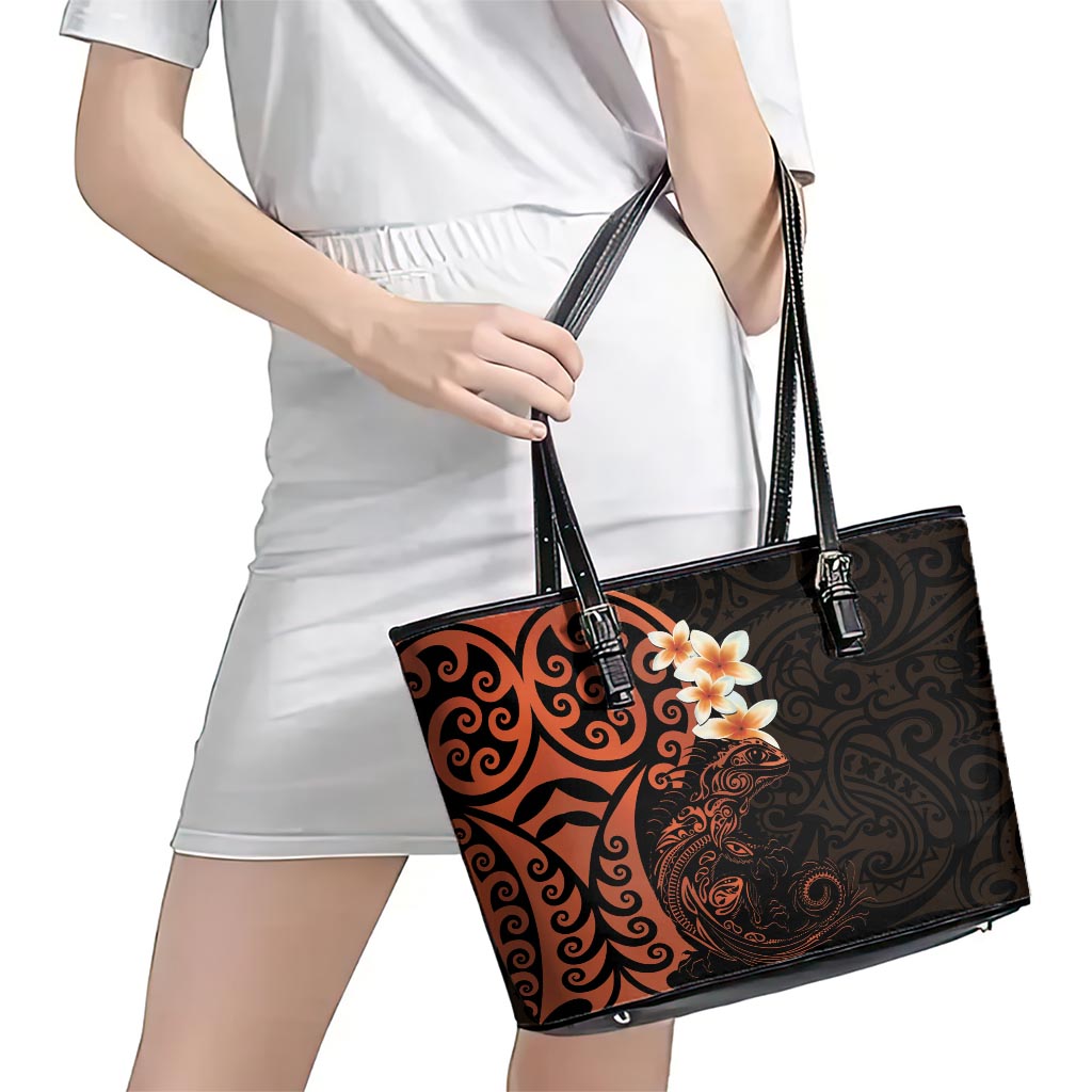 New Zealand Tuatara Plumeria Leather Tote Bag Maori Orange Koru Tribal Tattoo