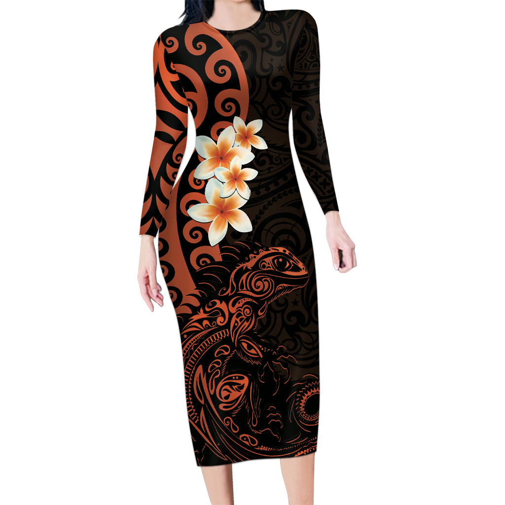 New Zealand Tuatara Plumeria Long Sleeve Bodycon Dress Maori Orange Koru Tribal Tattoo LT01 Long Dress Orange - Polynesian Pride