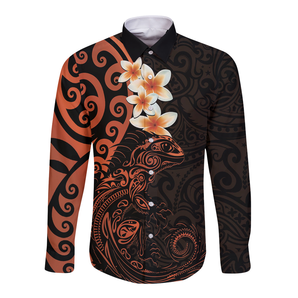 New Zealand Tuatara Plumeria Long Sleeve Button Shirt Maori Orange Koru Tribal Tattoo