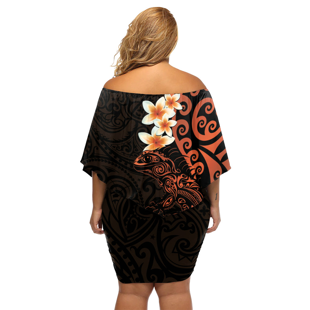 New Zealand Tuatara Plumeria Off Shoulder Short Dress Maori Orange Koru Tribal Tattoo