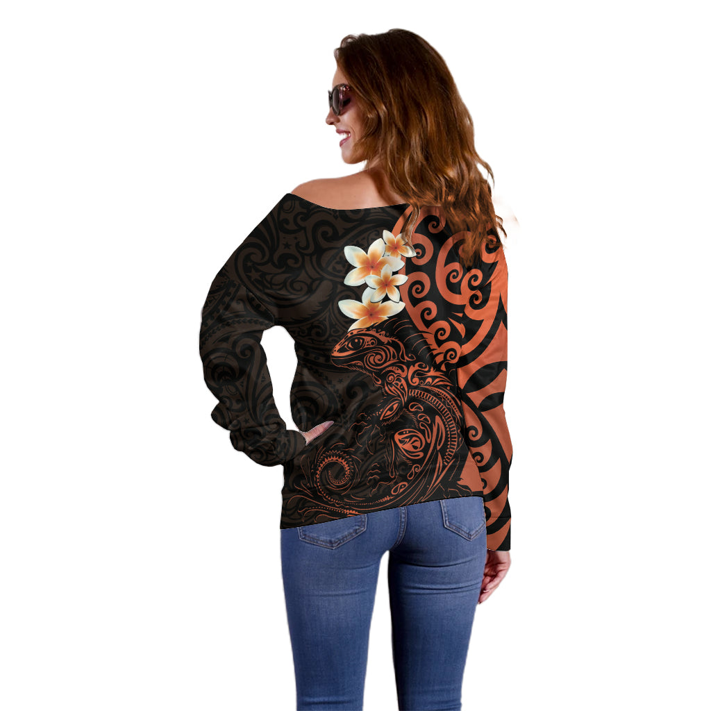 New Zealand Tuatara Plumeria Off Shoulder Sweater Maori Orange Koru Tribal Tattoo