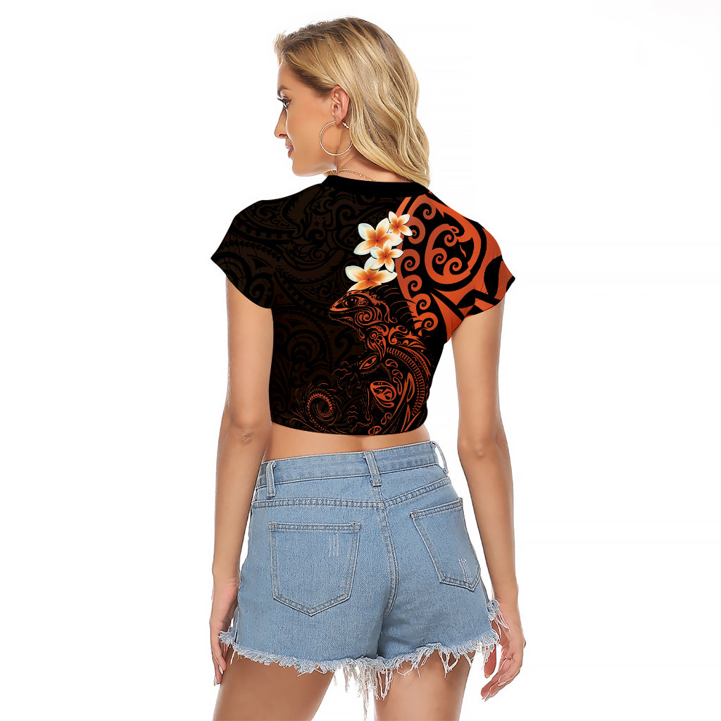 New Zealand Tuatara Plumeria Raglan Cropped T Shirt Maori Orange Koru Tribal Tattoo LT01 - Polynesian Pride
