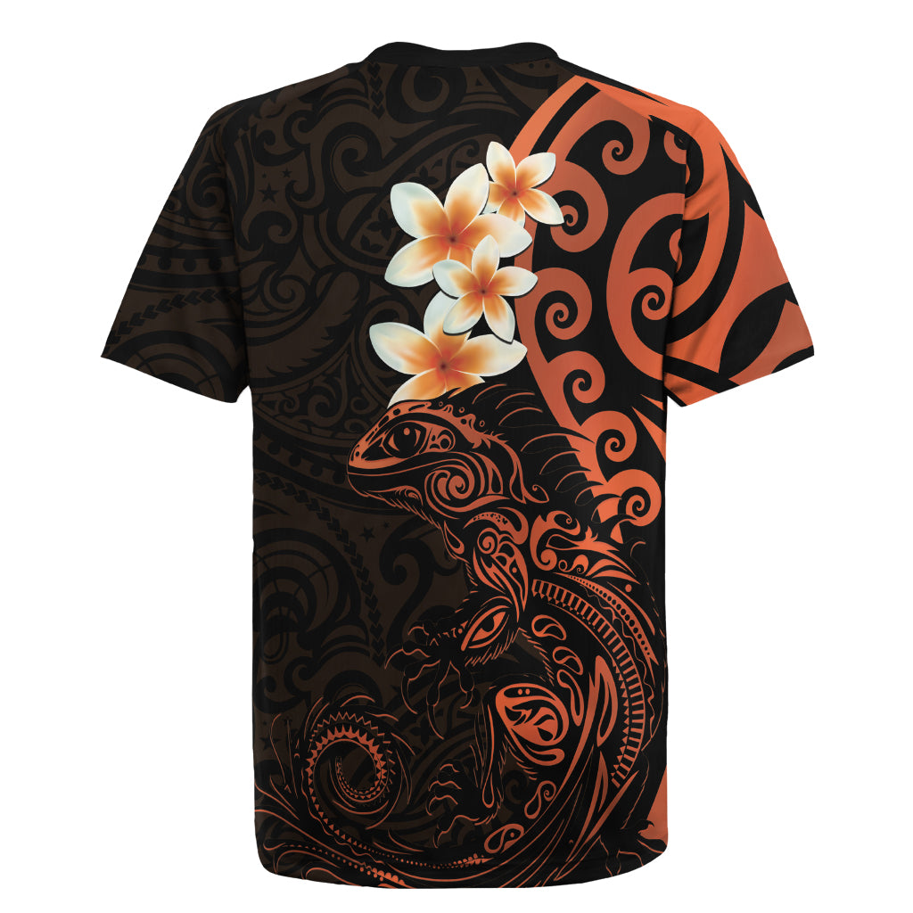 New Zealand Tuatara Plumeria Rugby Jersey Maori Orange Koru Tribal Tattoo