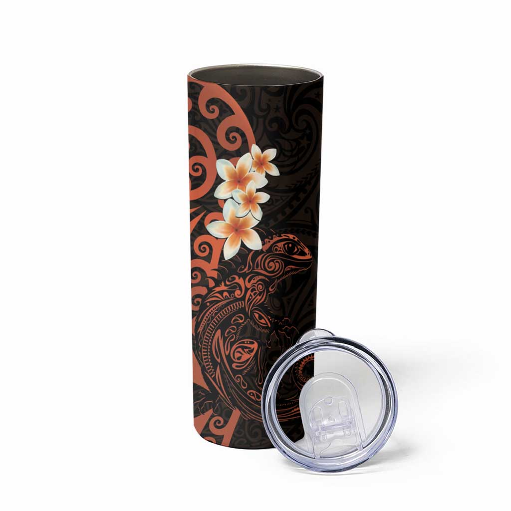 New Zealand Tuatara Plumeria Skinny Tumbler Maori Orange Koru Tribal Tattoo LT01 - Polynesian Pride