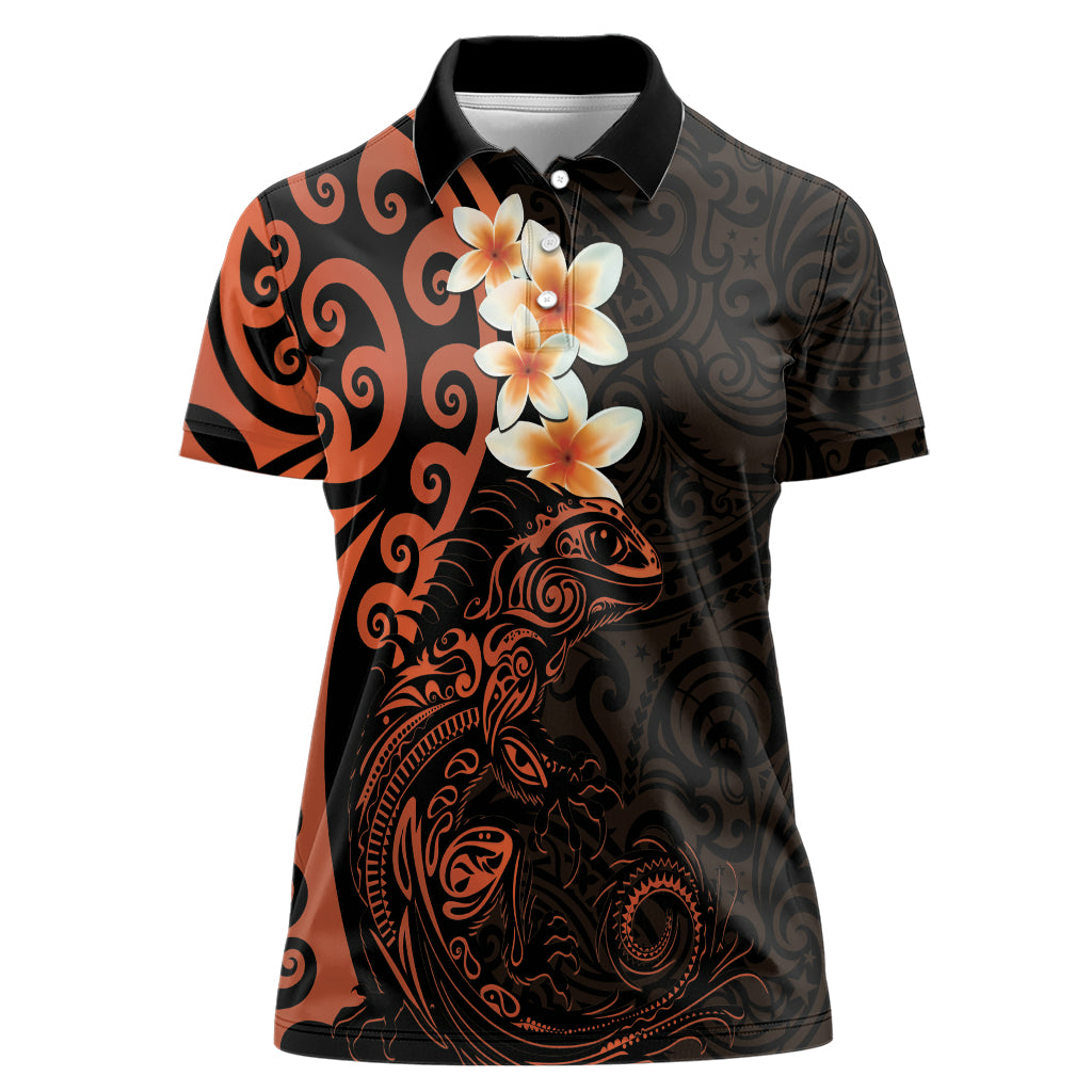 New Zealand Tuatara Plumeria Women Polo Shirt Maori Orange Koru Tribal Tattoo