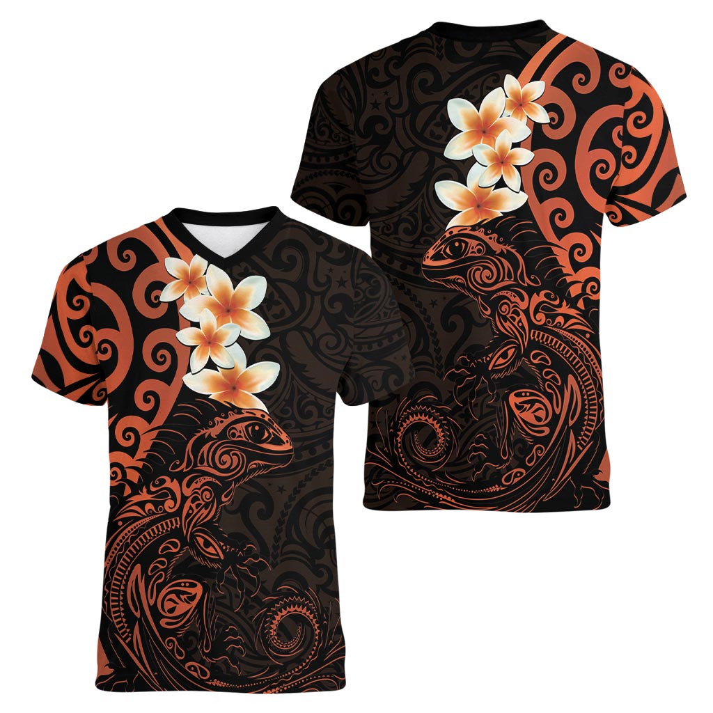 New Zealand Tuatara Plumeria Women V-Neck T-Shirt Maori Orange Koru Tribal Tattoo LT01 - Polynesian Pride