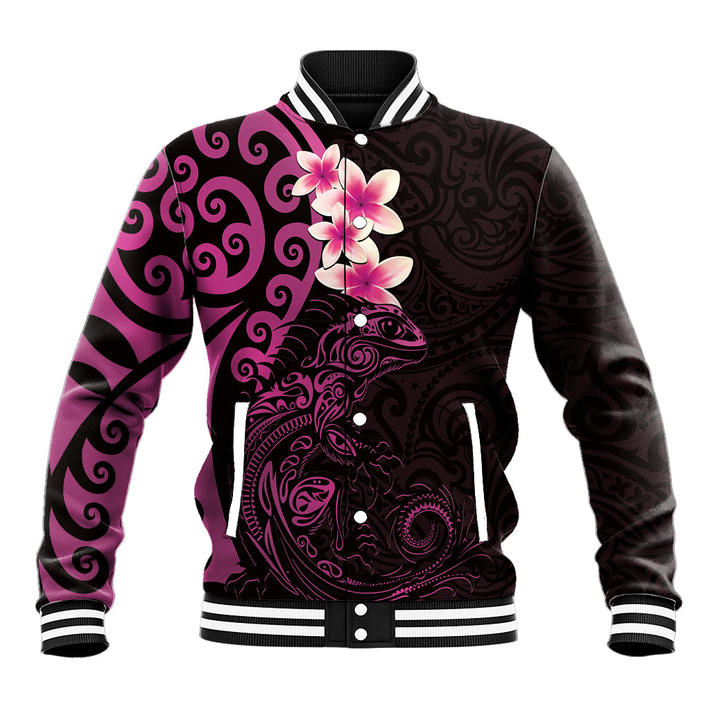 New Zealand Tuatara Plumeria Baseball Jacket Maori Pink Koru Tribal Tattoo
