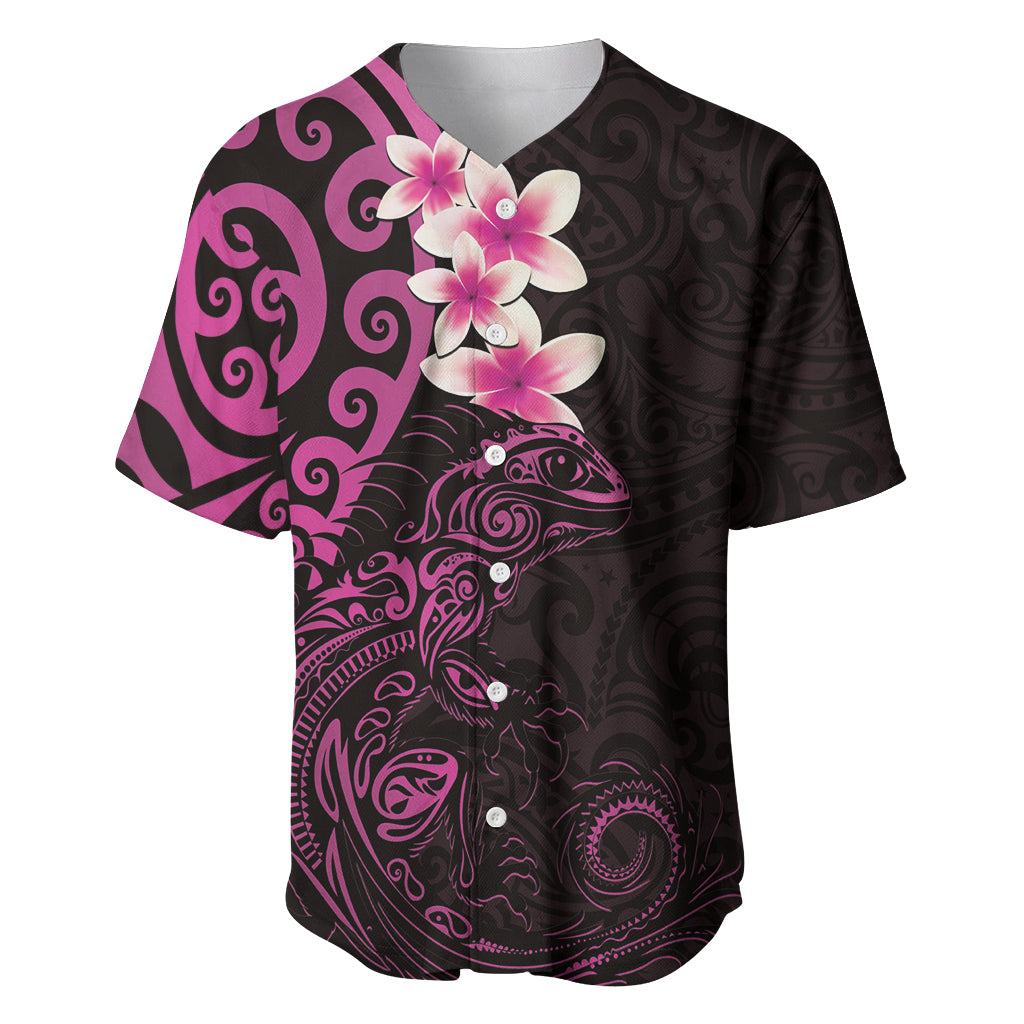 New Zealand Tuatara Plumeria Baseball Jersey Maori Pink Koru Tribal Tattoo LT01 Pink - Polynesian Pride