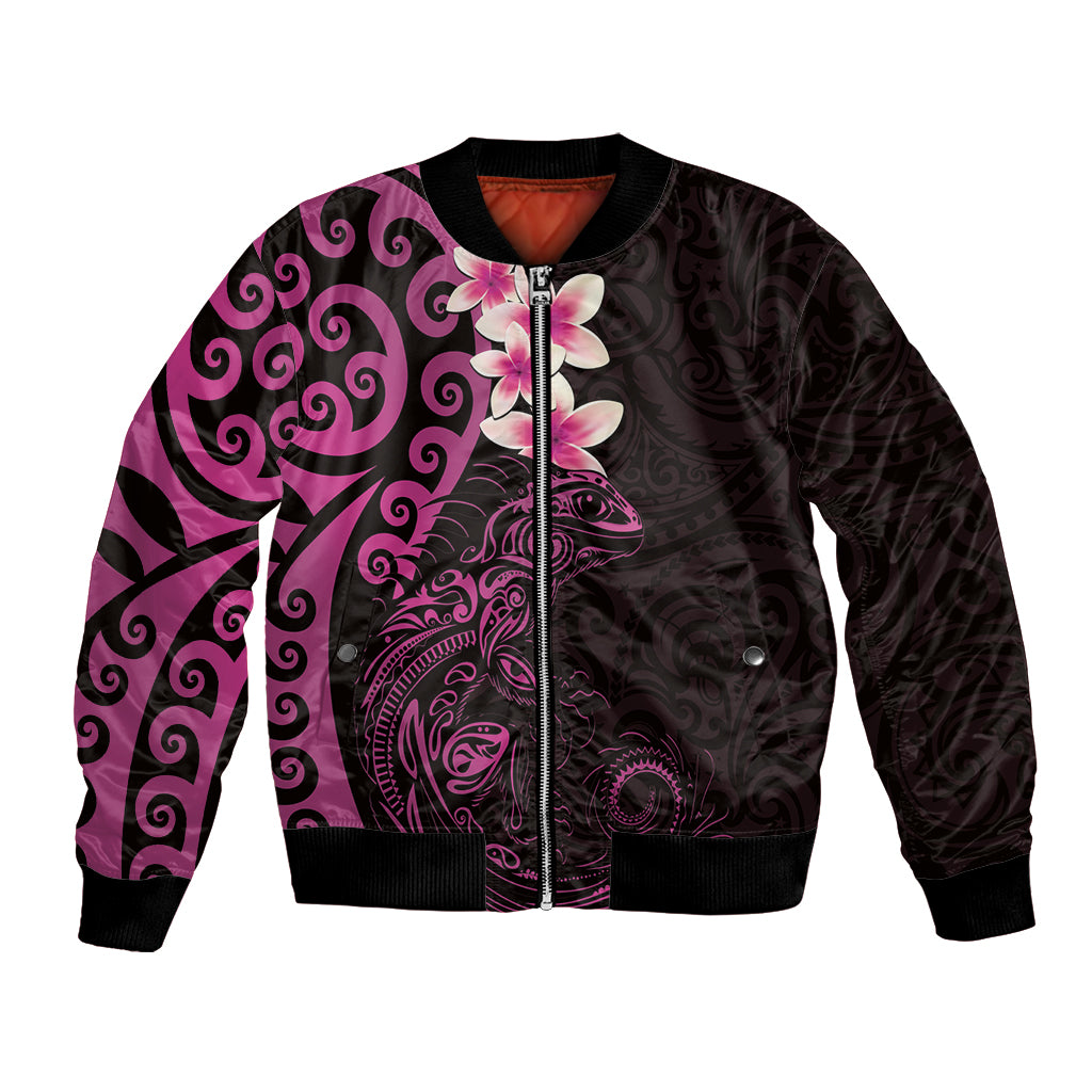 New Zealand Tuatara Plumeria Bomber Jacket Maori Pink Koru Tribal Tattoo