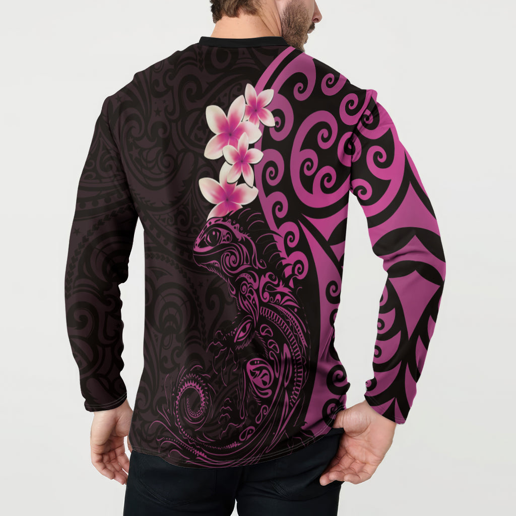 New Zealand Tuatara Plumeria Button Sweatshirt Maori Pink Koru Tribal Tattoo LT01 - Polynesian Pride