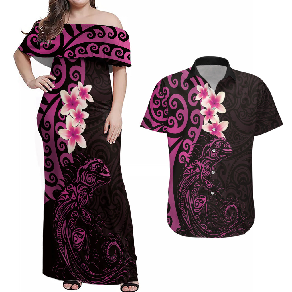 New Zealand Tuatara Plumeria Couples Matching Off Shoulder Maxi Dress and Hawaiian Shirt Maori Pink Koru Tribal Tattoo LT01 Pink - Polynesian Pride