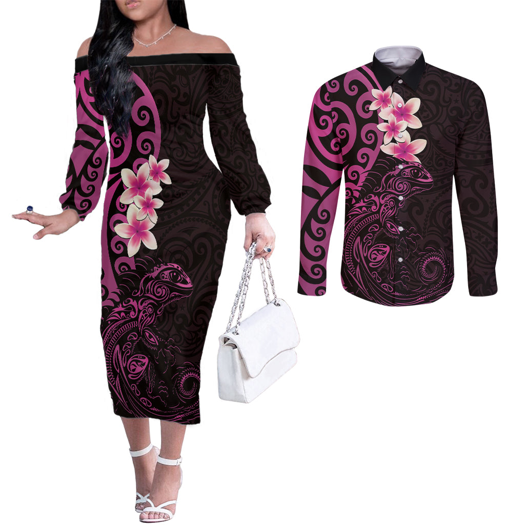 New Zealand Tuatara Plumeria Couples Matching Off The Shoulder Long Sleeve Dress and Long Sleeve Button Shirt Maori Pink Koru Tribal Tattoo LT01 Pink - Polynesian Pride