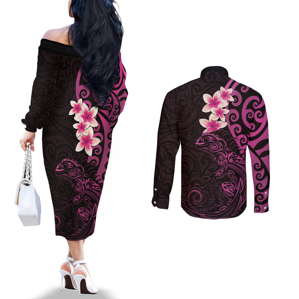 New Zealand Tuatara Plumeria Couples Matching Off The Shoulder Long Sleeve Dress and Long Sleeve Button Shirt Maori Pink Koru Tribal Tattoo LT01 - Polynesian Pride