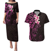 New Zealand Tuatara Plumeria Couples Matching Puletasi and Hawaiian Shirt Maori Pink Koru Tribal Tattoo LT01 Pink - Polynesian Pride
