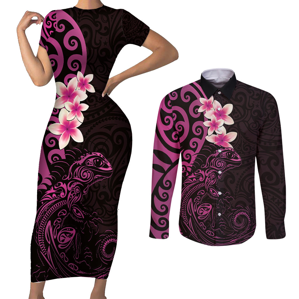 New Zealand Tuatara Plumeria Couples Matching Short Sleeve Bodycon Dress and Long Sleeve Button Shirt Maori Pink Koru Tribal Tattoo LT01 Pink - Polynesian Pride
