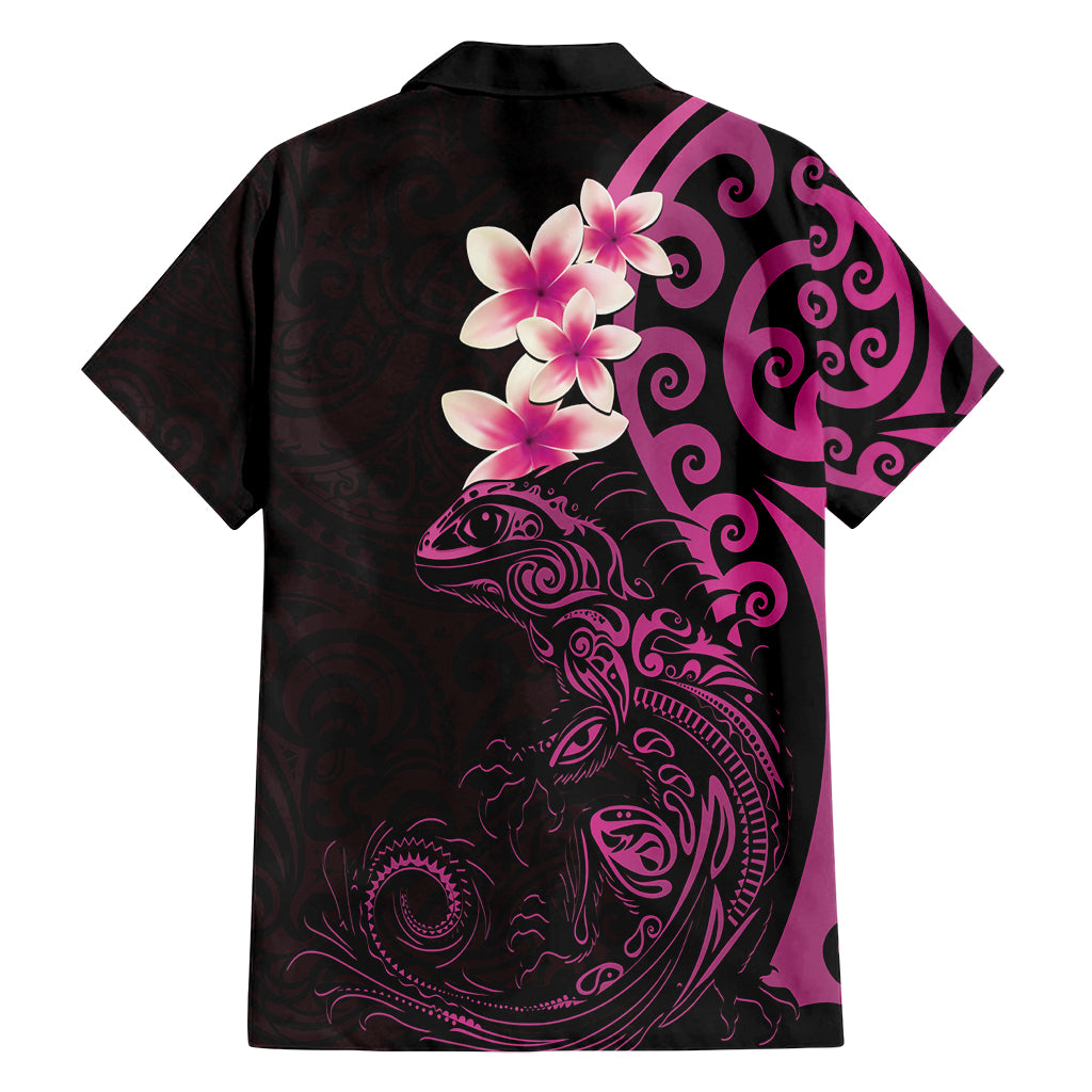 New Zealand Tuatara Plumeria Family Matching Long Sleeve Bodycon Dress and Hawaiian Shirt Maori Pink Koru Tribal Tattoo