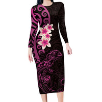New Zealand Tuatara Plumeria Family Matching Long Sleeve Bodycon Dress and Hawaiian Shirt Maori Pink Koru Tribal Tattoo