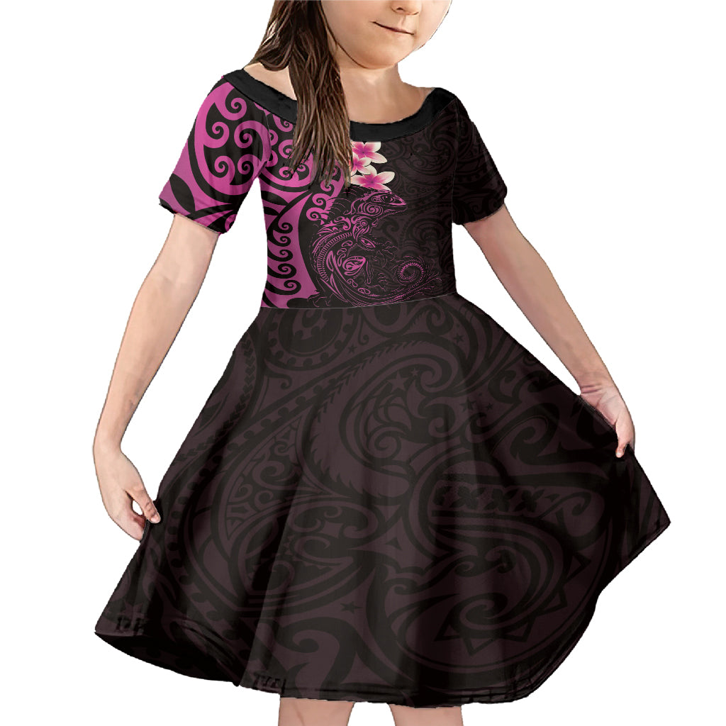 New Zealand Tuatara Plumeria Family Matching Mermaid Dress and Hawaiian Shirt Maori Pink Koru Tribal Tattoo LT01 Daughter's Dress Pink - Polynesian Pride