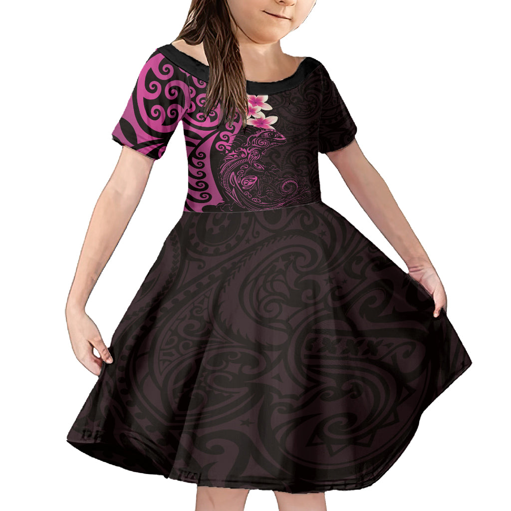 New Zealand Tuatara Plumeria Family Matching Off Shoulder Maxi Dress and Hawaiian Shirt Maori Pink Koru Tribal Tattoo LT01 Daughter's Dress Pink - Polynesian Pride
