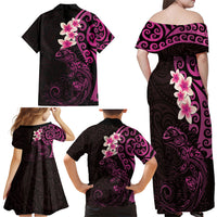New Zealand Tuatara Plumeria Family Matching Off Shoulder Maxi Dress and Hawaiian Shirt Maori Pink Koru Tribal Tattoo LT01 - Polynesian Pride