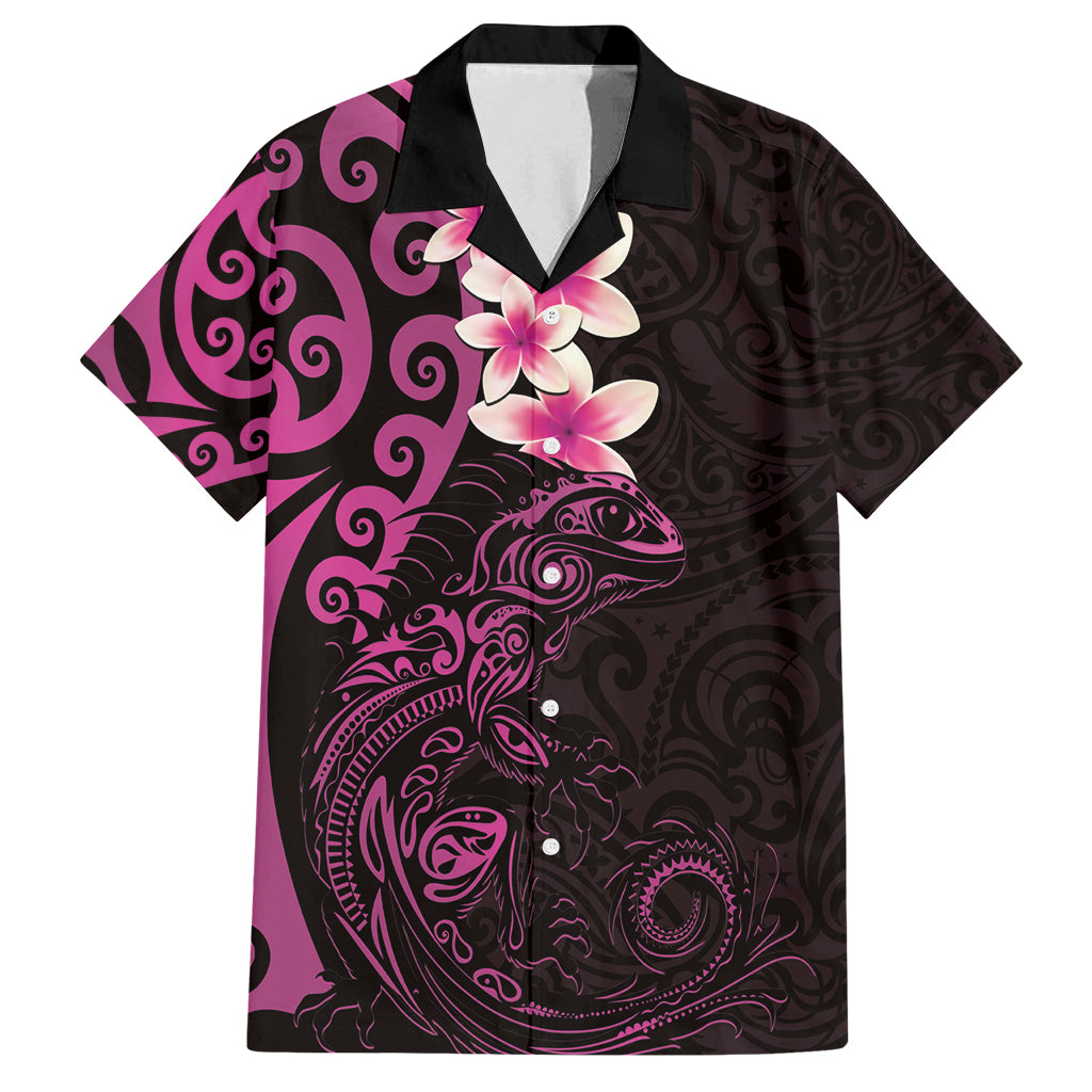 New Zealand Tuatara Plumeria Family Matching Off Shoulder Short Dress and Hawaiian Shirt Maori Pink Koru Tribal Tattoo LT01 Dad's Shirt - Short Sleeve Pink - Polynesian Pride