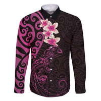 New Zealand Tuatara Plumeria Family Matching Off Shoulder Short Dress and Hawaiian Shirt Maori Pink Koru Tribal Tattoo LT01 Dad's Shirt - Long Sleeve Pink - Polynesian Pride