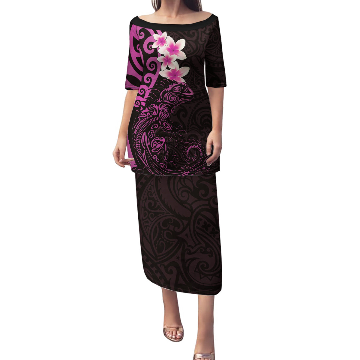 New Zealand Tuatara Plumeria Family Matching Puletasi and Hawaiian Shirt Maori Pink Koru Tribal Tattoo LT01 Mom's Dress Pink - Polynesian Pride