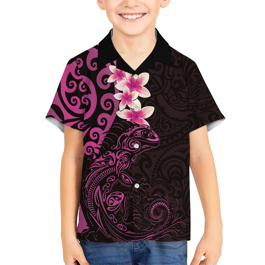 New Zealand Tuatara Plumeria Family Matching Short Sleeve Bodycon Dress and Hawaiian Shirt Maori Pink Koru Tribal Tattoo LT01 Son's Shirt Pink - Polynesian Pride