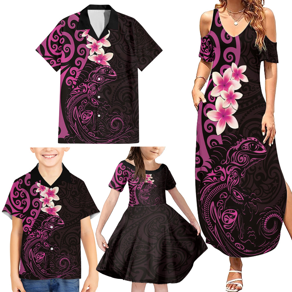 New Zealand Tuatara Plumeria Family Matching Summer Maxi Dress and Hawaiian Shirt Maori Pink Koru Tribal Tattoo LT01 - Polynesian Pride